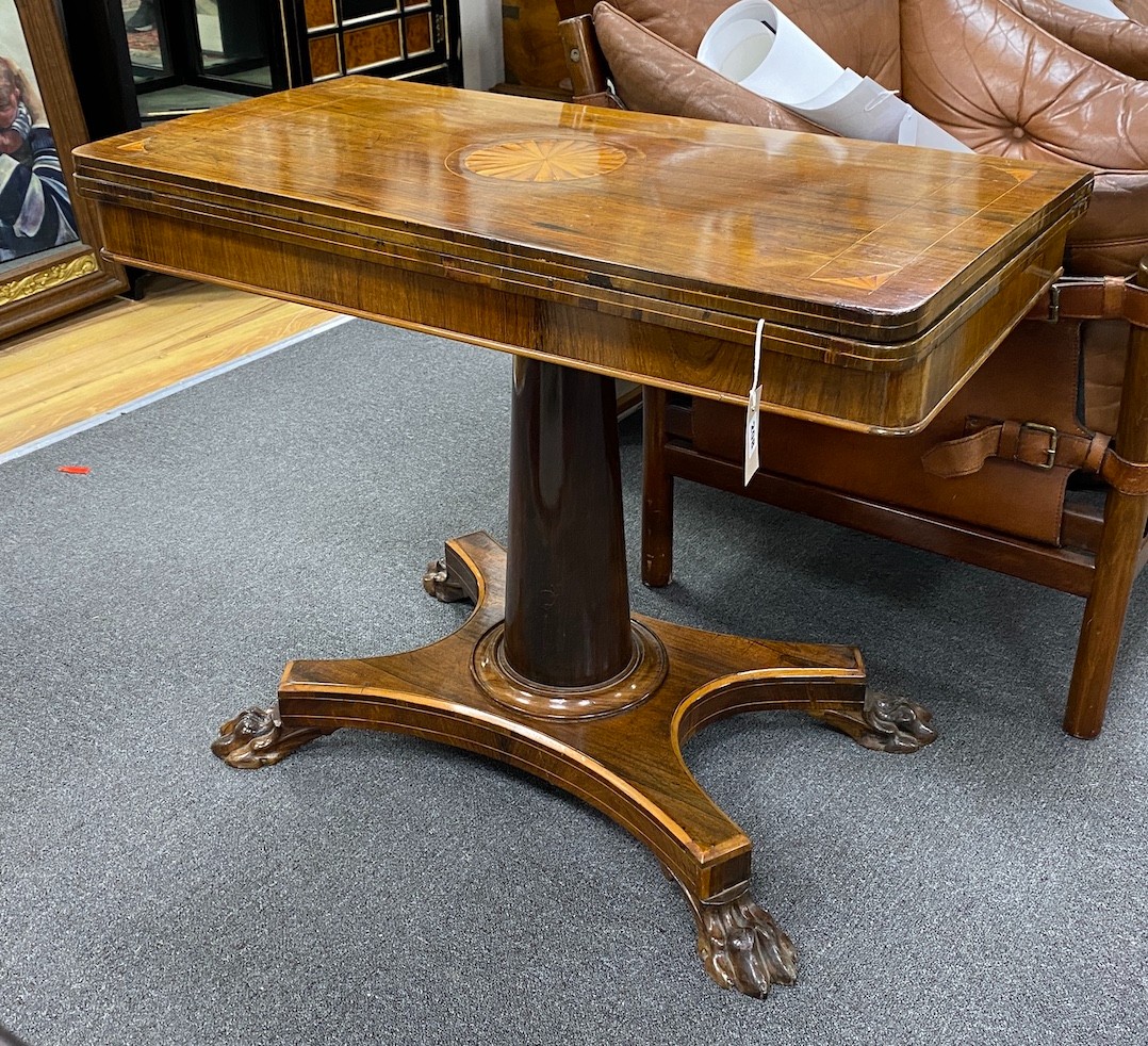 An early Victorian satinwood inlaid rosewood folding card table, width 90cm, depth 45cm, height 71cm